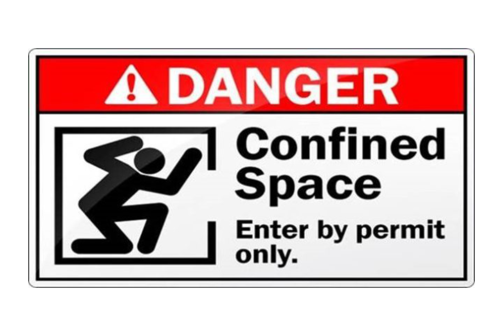 image of a poster warning 'danger confined space' with an image of a stick man in a small space