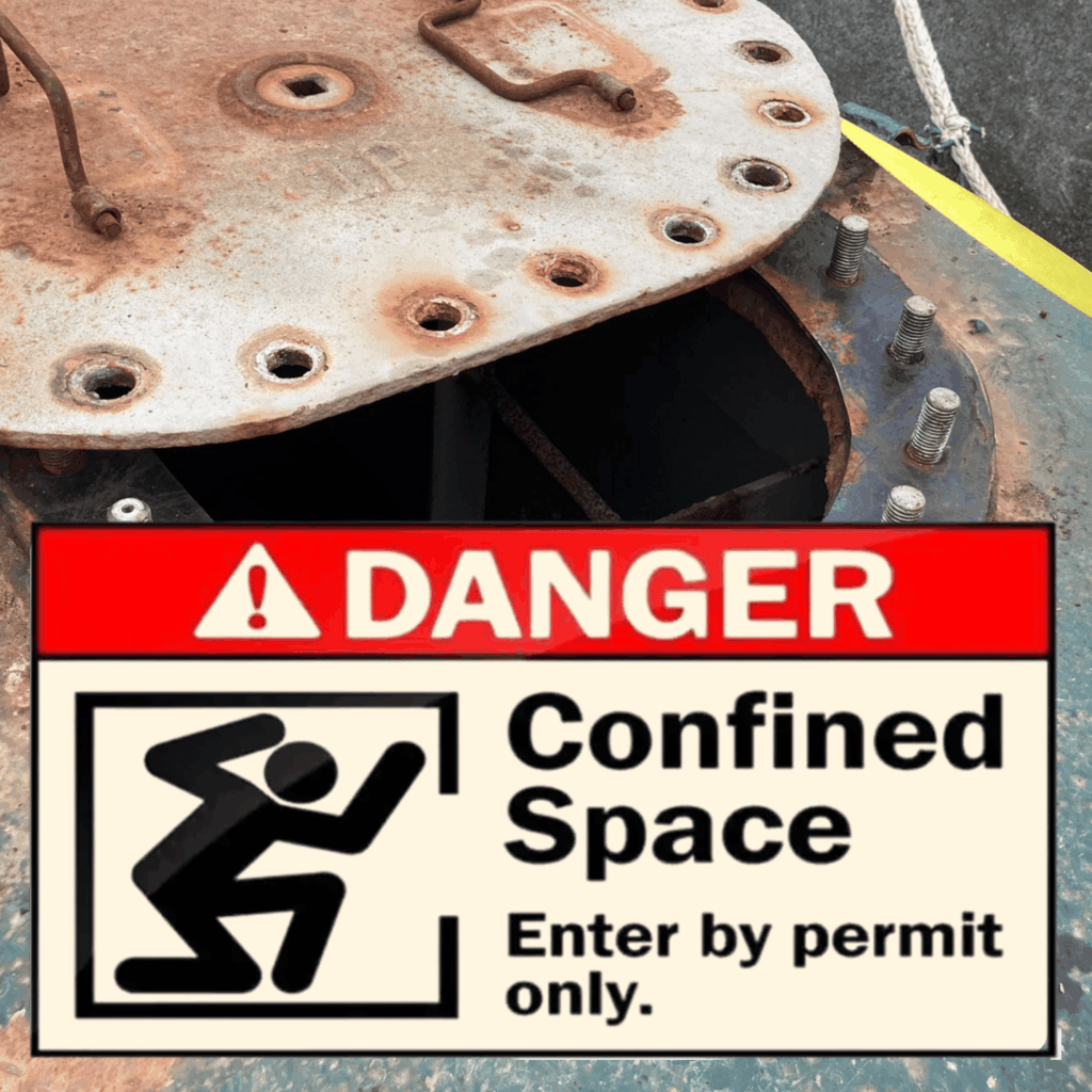 Danger - confined space on a sign. superimposed on an image of a storage tank with an open hatch