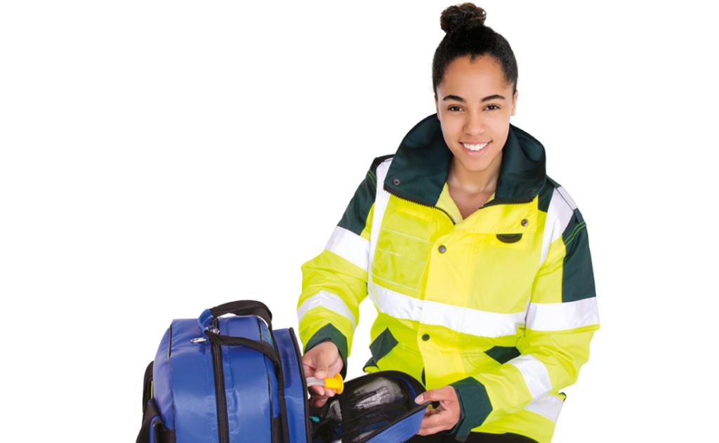image of a young woman in a hi vis jacket with a bag for FREC3 First Response Emergency care updated 2025